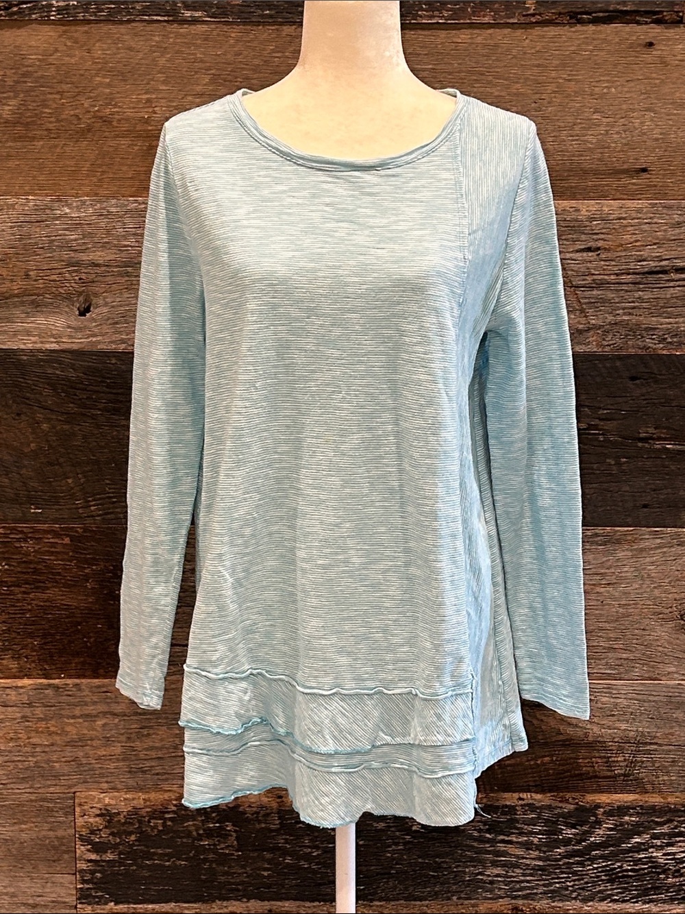 Soft Surroundings Turquoise Pinstripe Ruffle Hem Tunic Top. Large - Picture 1 of 6
